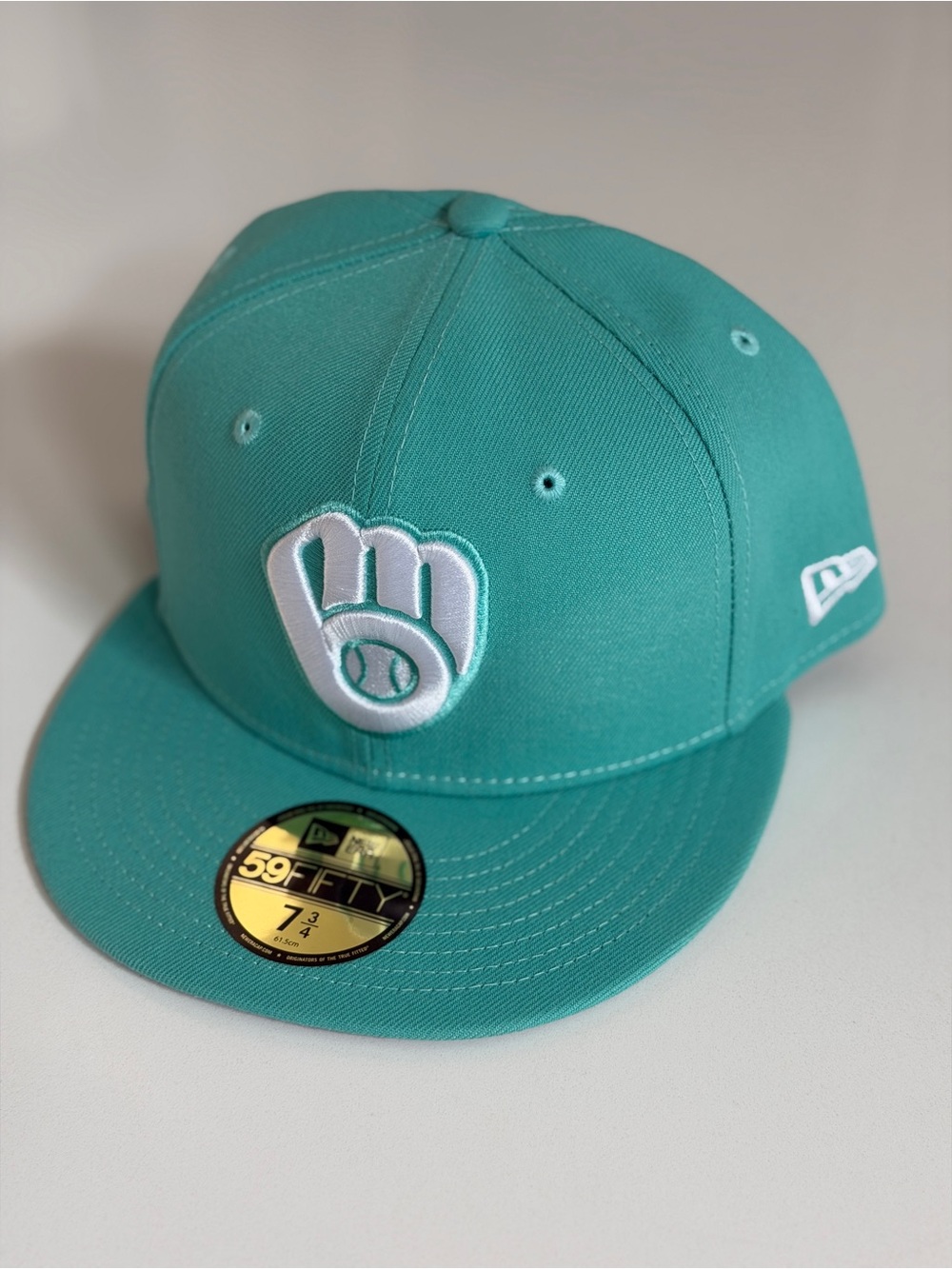 New Era Teal Fitted Cap 59FIFTY Milwaukee Brewers Glove 7 3/4
